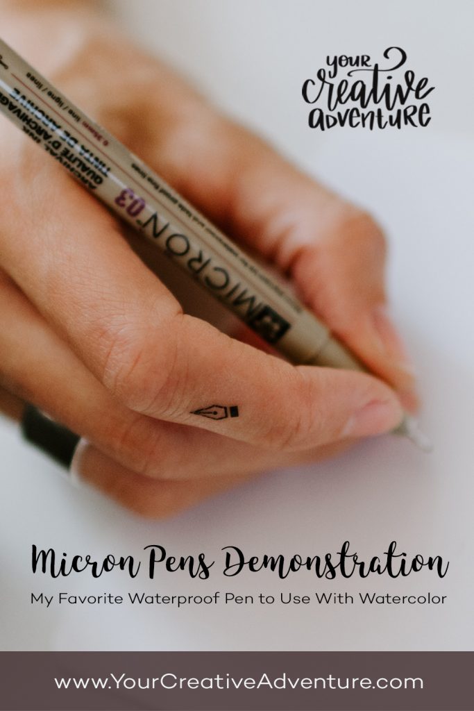 Micron pens are my favorite waterproof pen to use with watercolor. I use them on top of my watercolor painting or I use them to create a line drawing first and then add watercolor paint on top.